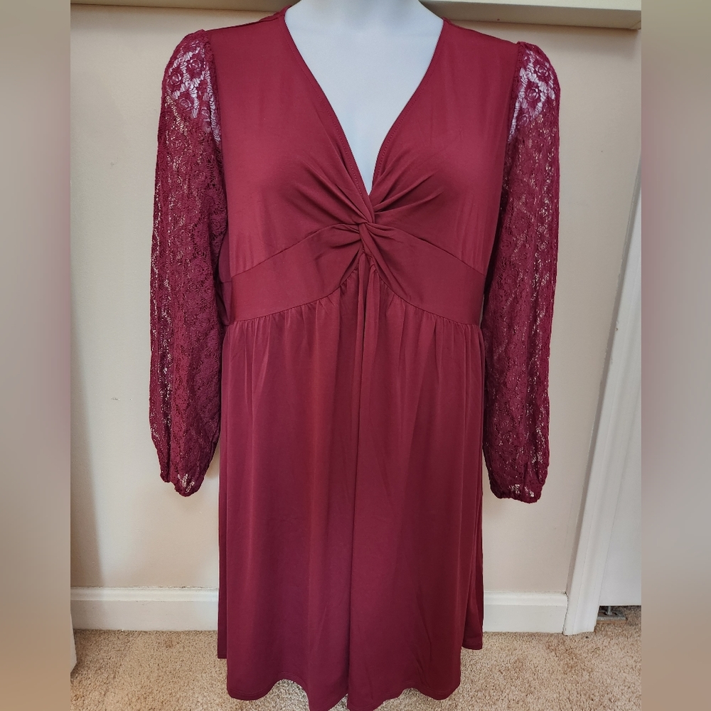 Front Twist Lace Sleeve Babydoll Mini Dress